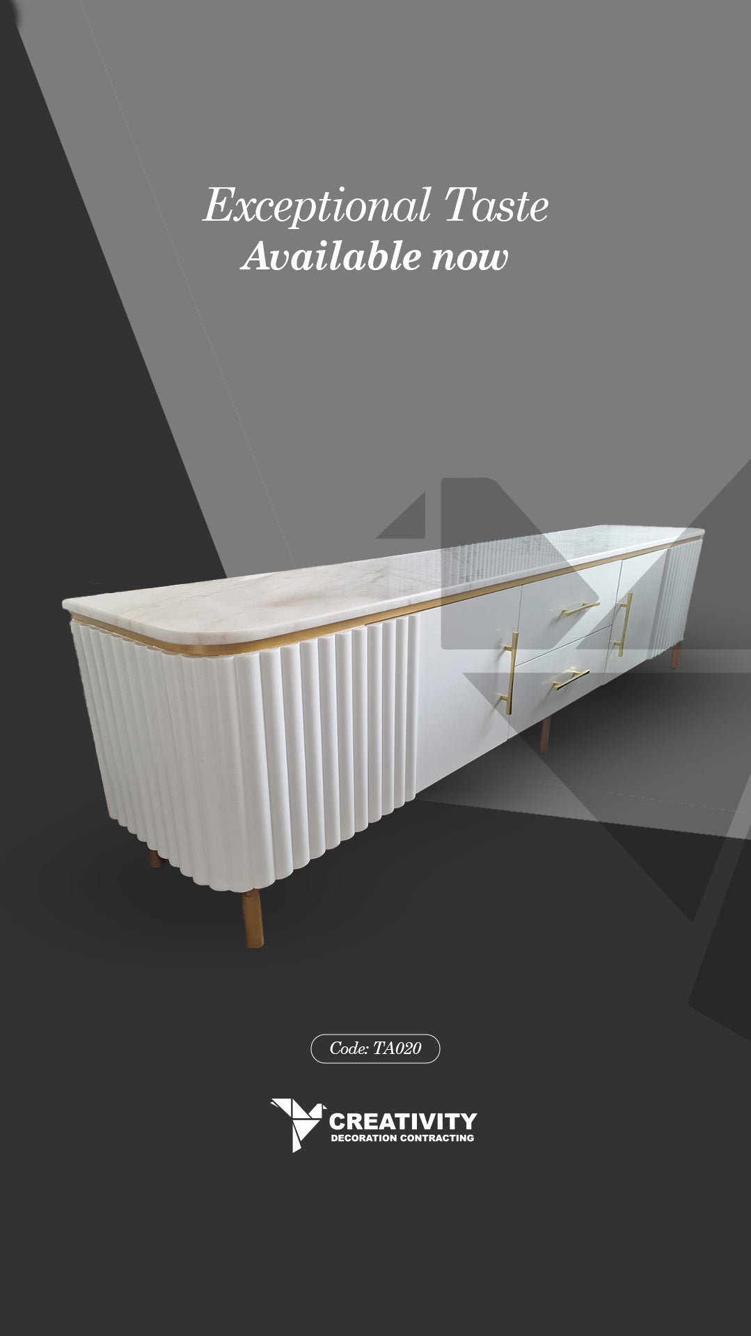 White Fluted TV Console with Marble Top – Code: TA020